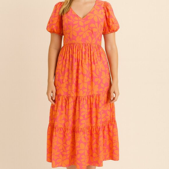 J.Crew Pink Orange Floral Print Cotton Midi Maxi Short Sleeve V-neck Dress 10 - Picture 1 of 14